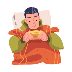 Young Man in Self-isolation Playing Interactive Game Sitting in Bed Vector Illustration