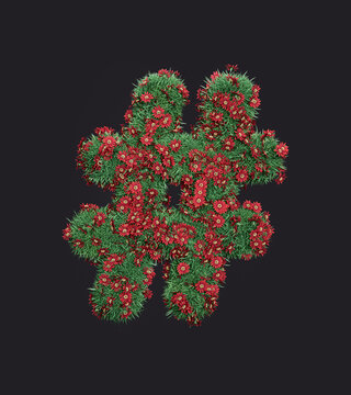A grassy hash-tag symbol symbol on which red-colored flowers grow. Isolated eco number on dark background, 3d Renderding