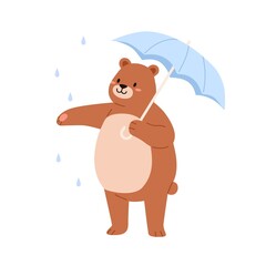 Obraz na płótnie Canvas Cute bear with umbrella in rainy weather. Funny teddy character enjoying rain. Happy positive baby animal rejoicing. Childish flat vector illustration of sweet grizzly isolated on white background