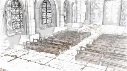 3d illustration - Interior of Church architecture in comic style,halftone, textures and patterns.