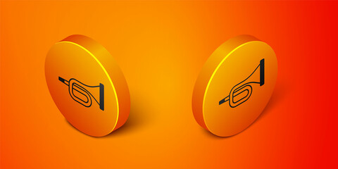 Isometric Musical instrument trumpet icon isolated on orange background. Orange circle button. Vector