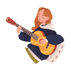 Fototapeta premium Young Woman in Self-isolation Playing Guitar Leaning on Pillow Vector Illustration