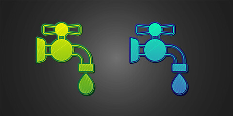 Green and blue Water tap icon isolated on black background. Vector