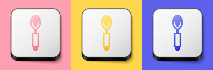 Isometric Spoon icon isolated on pink, yellow and blue background. Cooking utensil. Cutlery sign. Square button. Vector