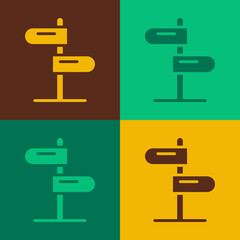 Pop art Road traffic sign. Signpost icon isolated on color background. Pointer symbol. Isolated street information sign. Direction sign. Vector
