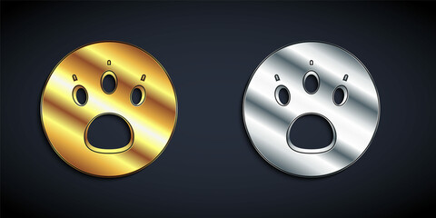 Gold and silver Paw search icon isolated on black background. Magnifying glass with animal footprints. Long shadow style. Vector