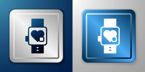 White Smart watch showing heart beat rate icon isolated on blue and grey background. Fitness App concept. Silver and blue square button. Vector
