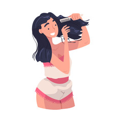 Woman Character In Bathroom Doing Hygiene Procedure Brushing Her Hair with Comb Vector Illustration