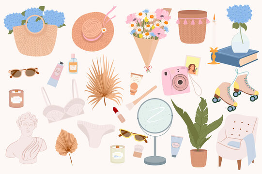 Сollection of cute Feminine items and decor. Straw hat, glasses, basket with flowers, photo camera, rollers, lingerie, cosmetics, candles, creams, palm leaves, statue. Editable Vector Illustration.