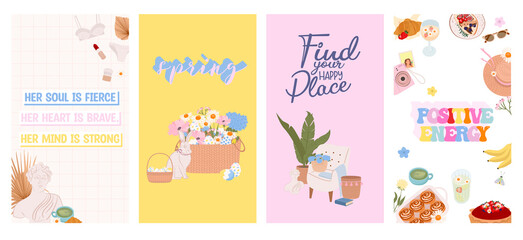 Fototapeta na wymiar Collection of Vertical stories for Instagram, social media with Spring elements, picnic, flowers, woman things. Spring promotion marketing materials. Editable vector Illustration.