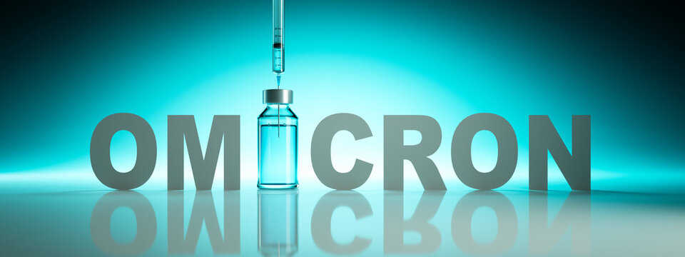 Syringe with bottle of vaccine and Text Omicron on green background