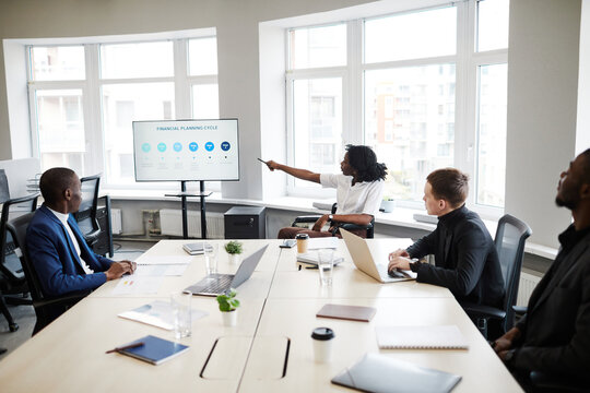 Portrait Of Young Woman In Wheelchair Pointing At Presentation Screen While Leading Business Meeting In Office