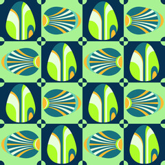 Art Deco Geometric Seamless Pattern with Easter Eggs, squares and circles, abstract Bauhaus background. Perfect background for cards, wallpaper, fabrics print, posters, wrapping, pack paper. EPS 8