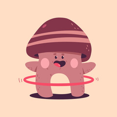 Cute mushroom with hula hoop vector cartoon character isolated on background.
