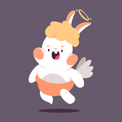 Cute cupid rabbit with angel wings and halo vector cartoon Valentines day character isolated on background.