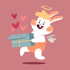 Cute cupid rabbit with gift box and hearts vector cartoon Valentines day character isolated on background.