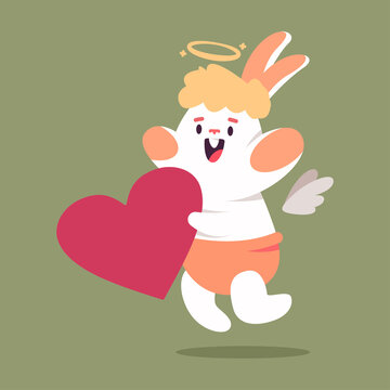 Cute cupid rabbit with red heart vector cartoon Valentines day character isolated on background.