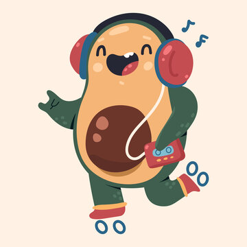 Cute avocado on roller skates listening music vector cartoon character isolated on background.
