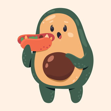 Cute Avocado Eating Taco Vector Cartoon Character Isolated On Background.