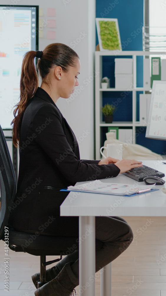 Poster corporate employee planning business strategy for marketing and management development. woman with d
