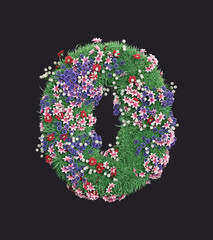 A grass and flower colvered number Zero on which colorful flowers grow. Isolated ecologic number Zero on dark background, 3d Renderding