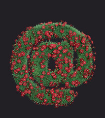 A grassy at-sign symbol on which red-colored flowers grow. Isolated eco on dark background, 3d Renderding