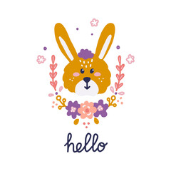 Obraz na płótnie Canvas Cute rabbit face with flowers and hand lettering, vector flat illustration, nursery decor, design of postcards, posters, print for clothes