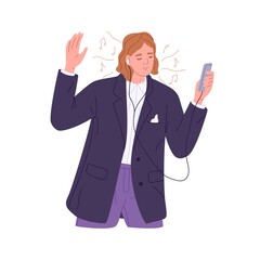 Man in earphones listening to relaxing music. Businessman enjoying audio with mobile phone. Happy office worker in earbuds with smartphone. Flat vector illustration isolated on white background