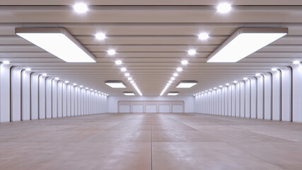 Fototapeta premium 3D render of empty exhibition space. backdrop for exhibitions and events. Tile floor. Marketing mock up.
