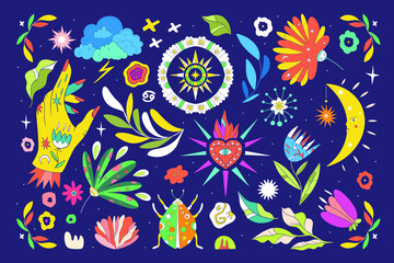 Fototapeta premium A set of elements of vector design of witch magic. A collection of magicians, hand-drawn, doodles, sketches. Magical symbols_ moon, stars, plants, eyes. Perfect for tattoos, textiles, postcards, secre