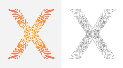 Alphabet Letter X Pop Art, Mandala coloring ornaments design