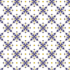 Azuleyo seamless pattern yellow and blue ornament.Portugal geometric ceramics.Geometry seamless pattern in portugales style yellow and blue ornament. Azulejos vector, fashion interior design tiles.