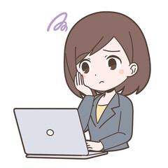 ビジネススーツ姿でPCの操作で困る若い女性