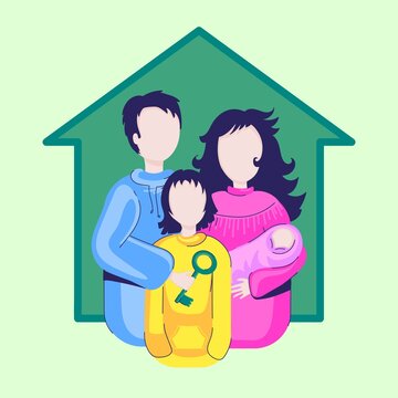 Happy family with new house logo. I stay at home awareness social media campaign and coronavirus prevention: family smiling and staying together.Young family holding the key to a new house...