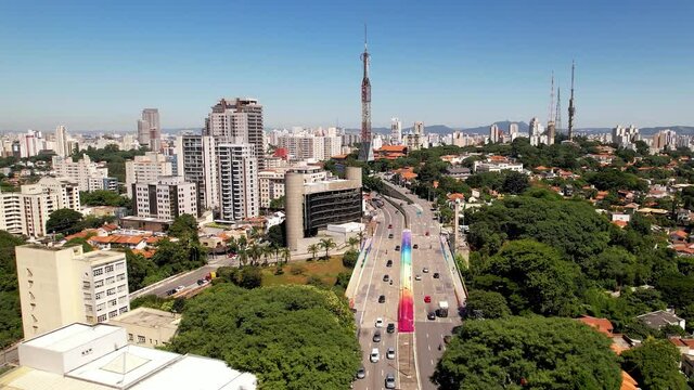 Colorful Sumare viaduct at downtown Sao Paulo Brazil. Stunning landscape of tourism landmark avenue of city. Urban aerials.