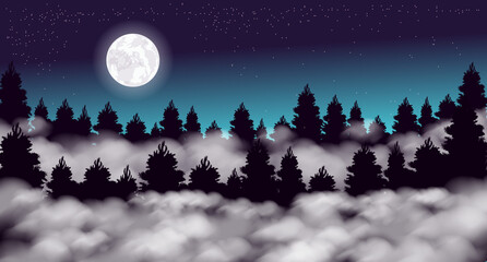 Naklejka premium Vector illustration. Foggy forest. Starry sky. Moon.