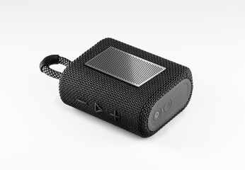 Black portable bluetooth Speaker, wireless boom box, isolated on white background, Small radio, waterproof, Stereo Sound System, Phone Accessories, product stock photo
