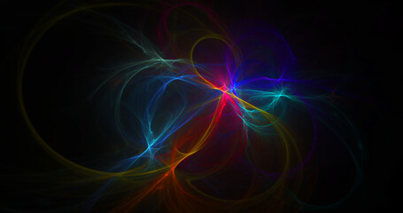 Abstract colorful shiny lines on dark background. Festive background. Digital fractal art. 3d rendering.
