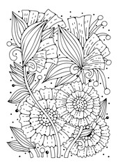 Doodle flowers background for coloring. Coloring page, art therapy for children and adults. Art line vector illustration.