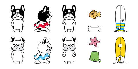 dog vector french bulldog swimming ring pool beach sea surfboard icon puppy pet character cartoon symbol tattoo stamp summer scarf illustration design isolated