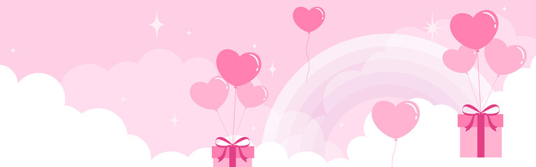 vector background with heart shaped balloons and gift boxes in the sky for Valentine’s day banners, cards, flyers, social media wallpapers, etc.