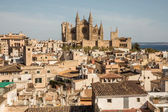 Spain, Balearic Islands, Palma de Mallorca, Old town houses with Palma Cathedral in background