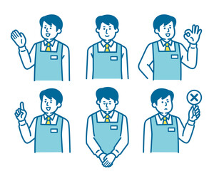 Pose set of a male clerk wearing an apron