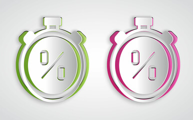 Paper cut Stopwatch with percent discount icon isolated on grey background. Time timer sign. Paper art style. Vector