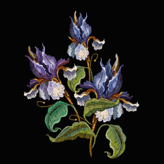 Embroidery beautiful blue spring irises. Fashion art template for clothes, t-shirt design. Summer floral garden style