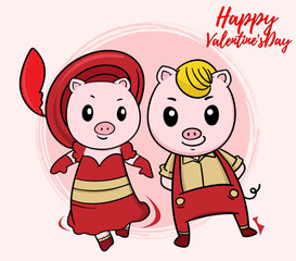 Valentine piglet cute cartoon, hand drawn illustration Pig for Valentine day ,Pink Pig Lover vector for Valentine day ,Pig Character design for Valentine card.