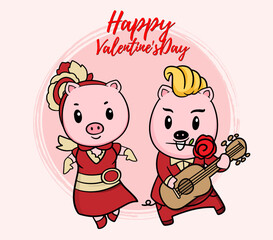Obraz premium Valentine piglet cute cartoon, hand drawn illustration Pig for Valentine day ,Pink Pig Lover vector for Valentine day ,Pig Character design for Valentine card.