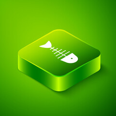 Isometric Fish skeleton icon isolated on green background. Fish bone sign. Green square button. Vector