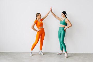 Obraz premium Smiling fitness two women raise hands to give a high five during workout. Cheerful women enjoying fitness training at a fitness studio.