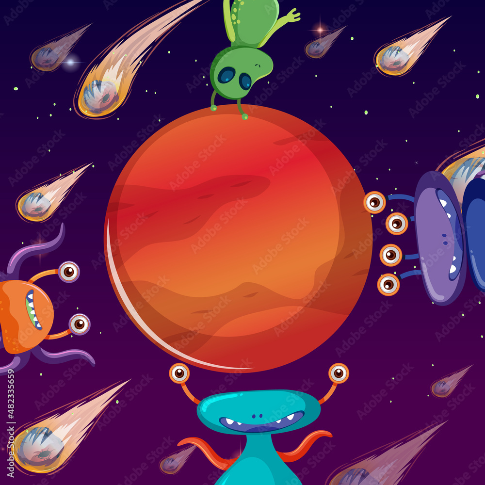 Canvas Prints aliens in outer space with mars planet in cartoon style